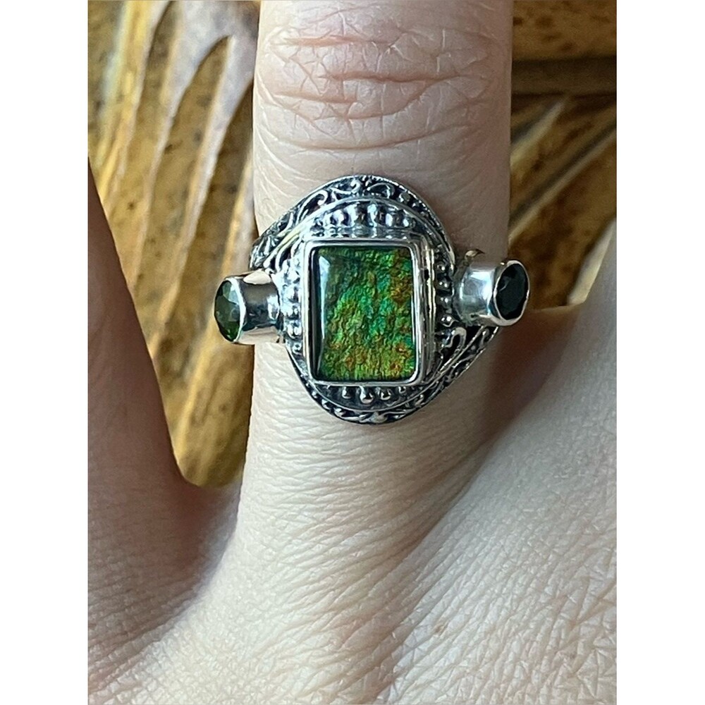 Natural Canadian Ammolite Chrome Diopside Sterling Silver Ring Size 6